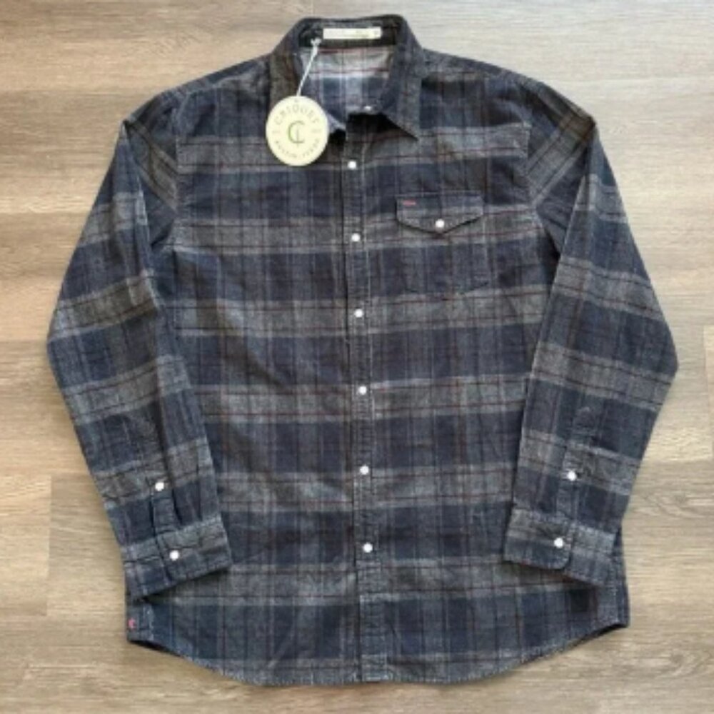 Criquet NWT Corduroy Pearl Snap Western Button XXL Gray Black Plaid Long Sleeve